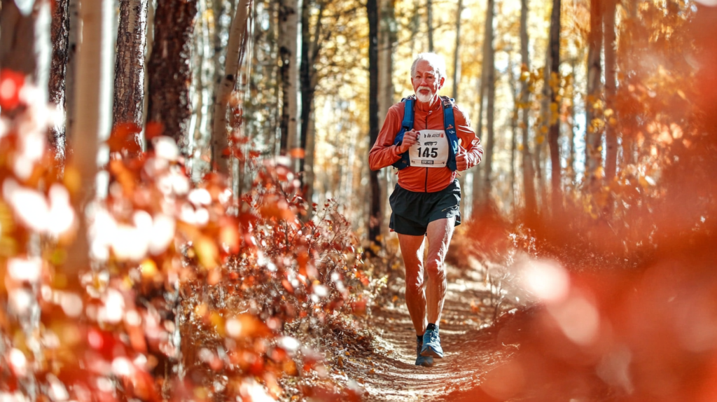 A 65 years old man running in the forest trail