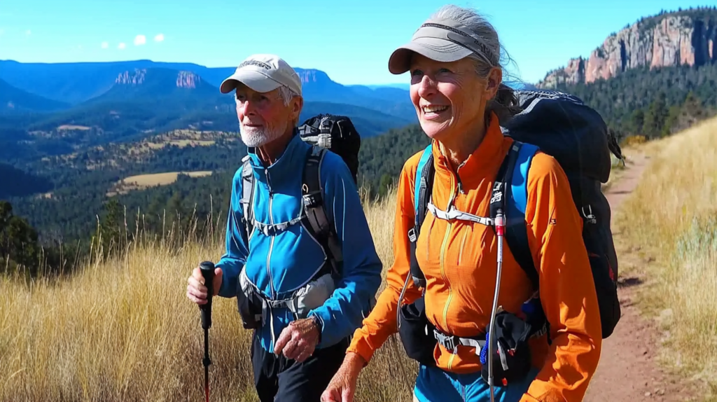 A 55 years old couple backpacking over a trail 