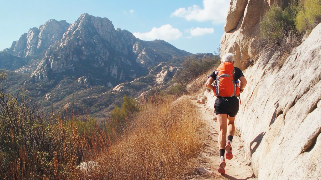 A man trail running in the mountains 