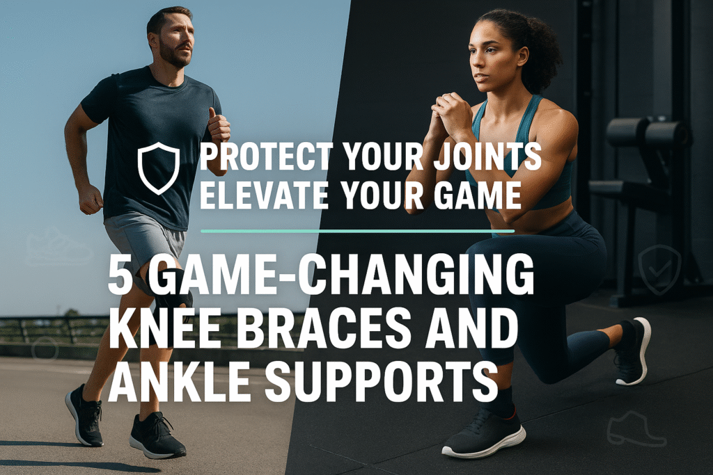Athletes using knee braces and ankle supports during running and gym exercises with bold text promoting injury prevention products.
