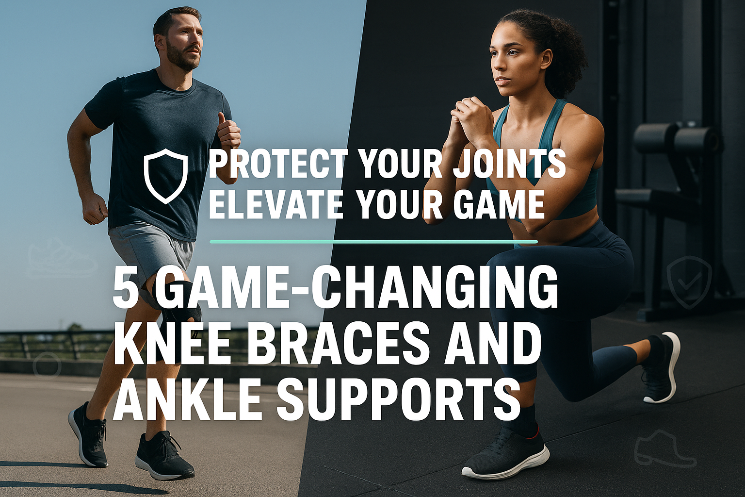 Athletes using knee braces and ankle supports during running and gym exercises with bold text promoting injury prevention products.